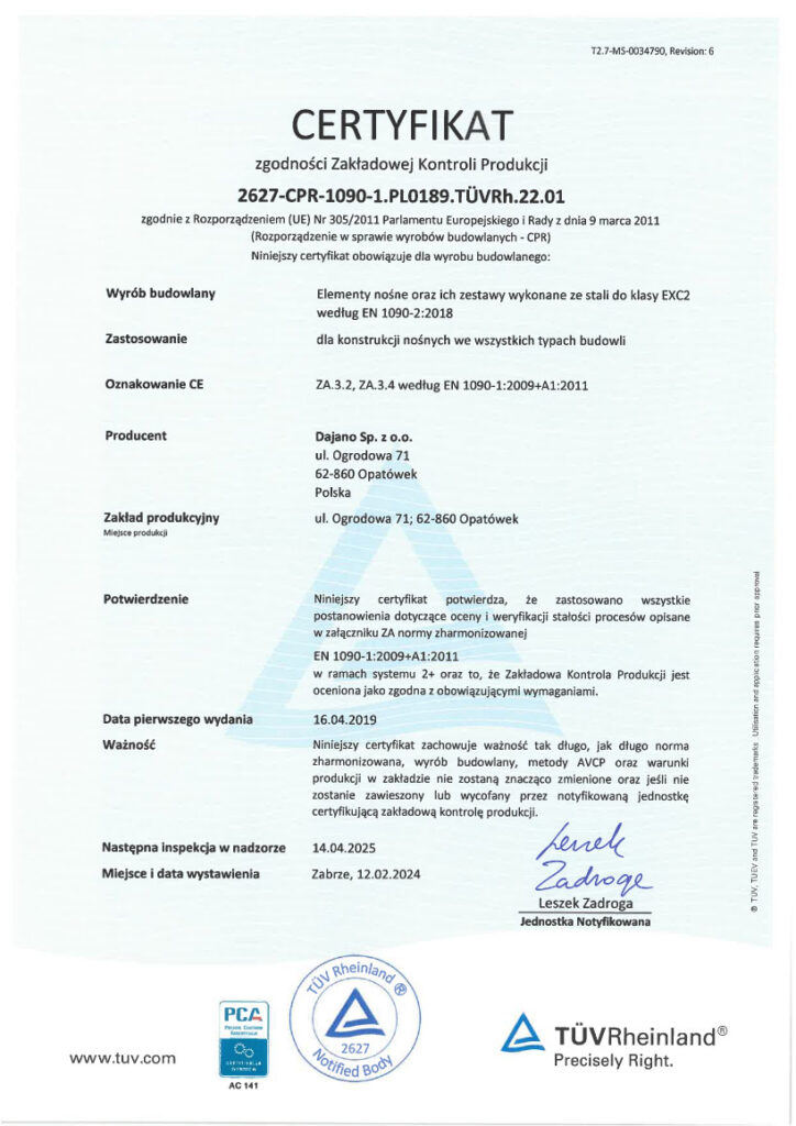 Certyfikat zgodności Zakładowej Kontroli Produkcji