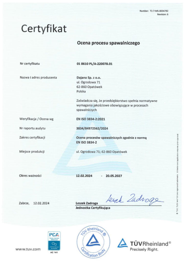 Certyfikat procesu spawania